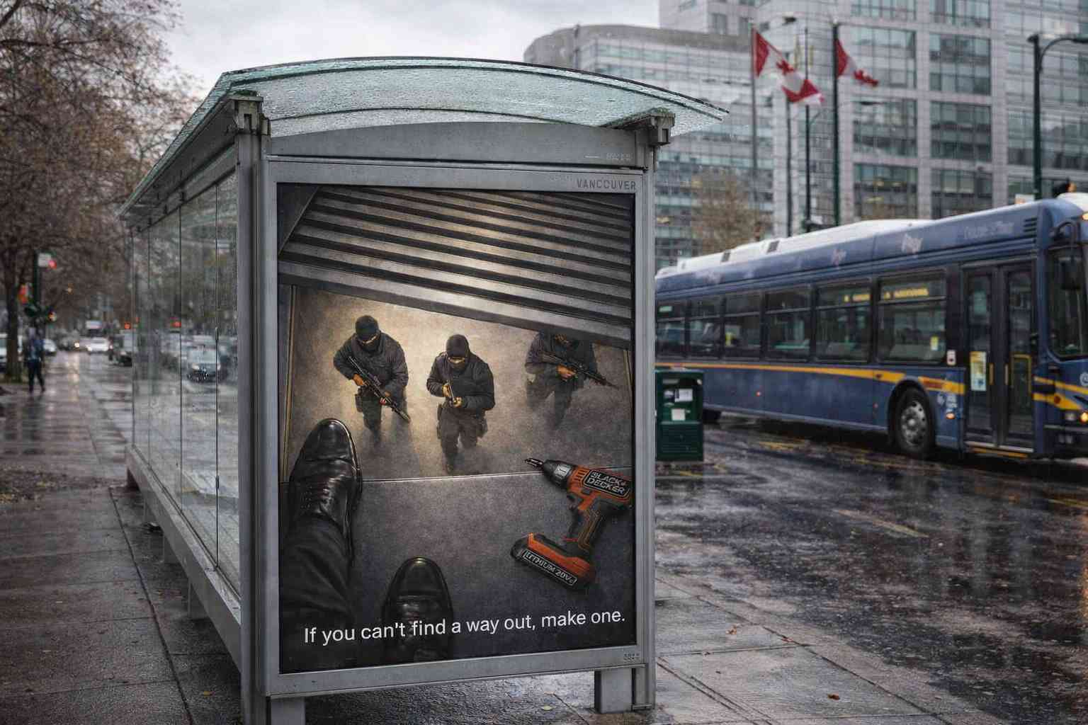 a mockup of an ad at a bus stop that reads 'you see your past self waiting for the bus, what do you talk about?'