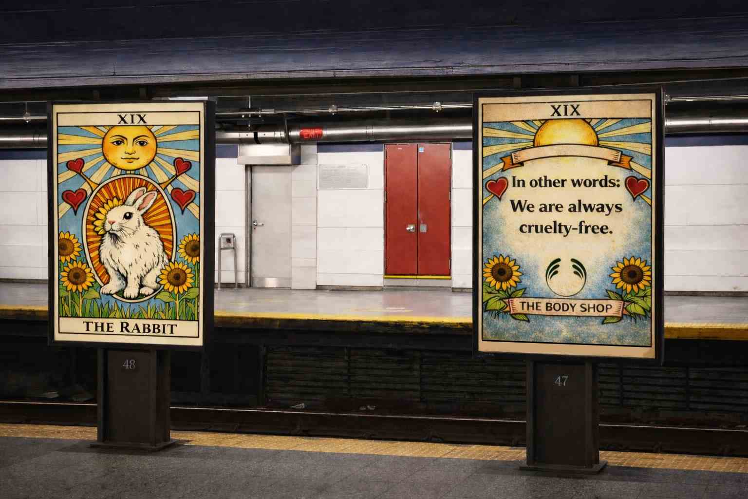 a mockup of an ad at a bus stop that reads 'you see your past self waiting for the bus, what do you talk about?'